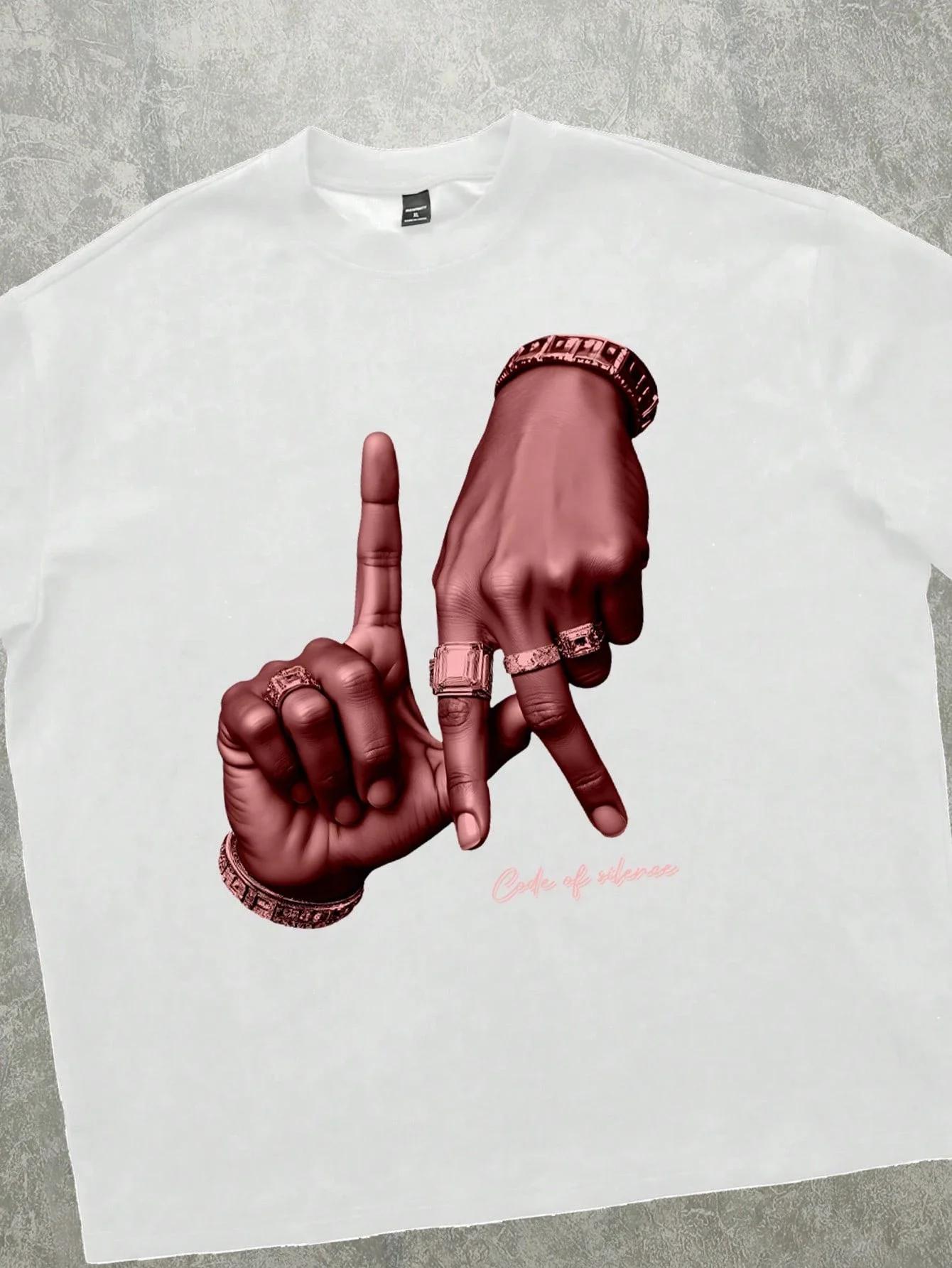 

Summer men s 100% pure cotton street T-shirt, Los Angeles handprint T-shirt, urban fashion loose and breathable short-sleeved 4XL