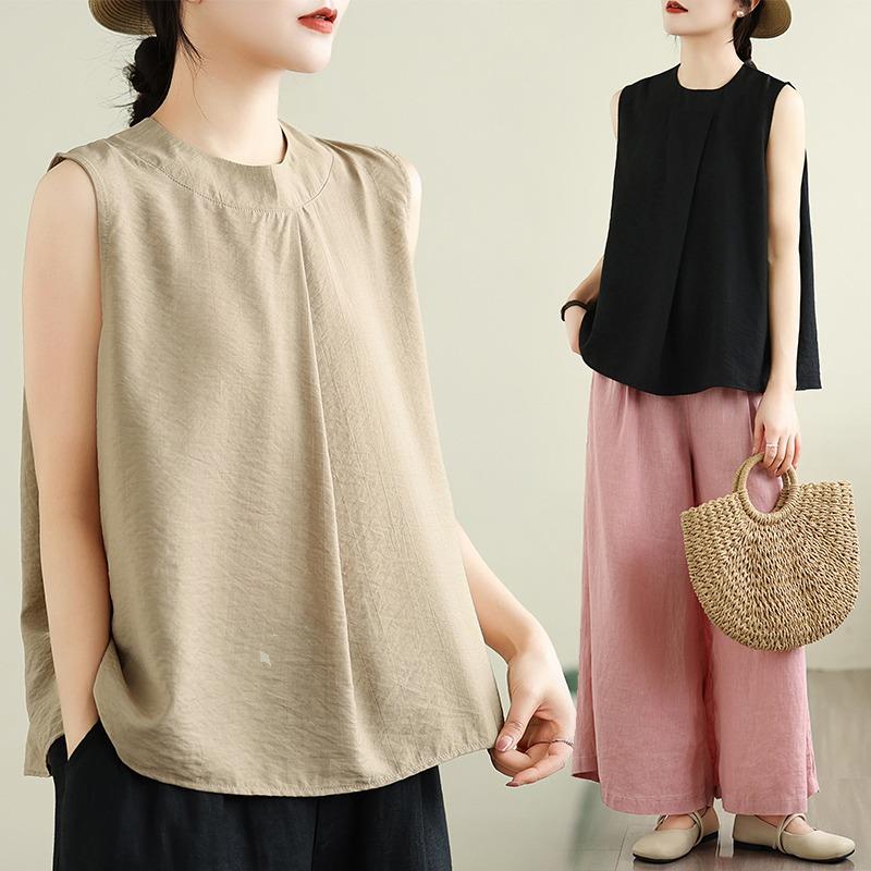 DIMANAF 2026 Summer New Plus Size Women Tank Vest Loose Sleeveless Tops Casual Solid O-Neck T-shirt