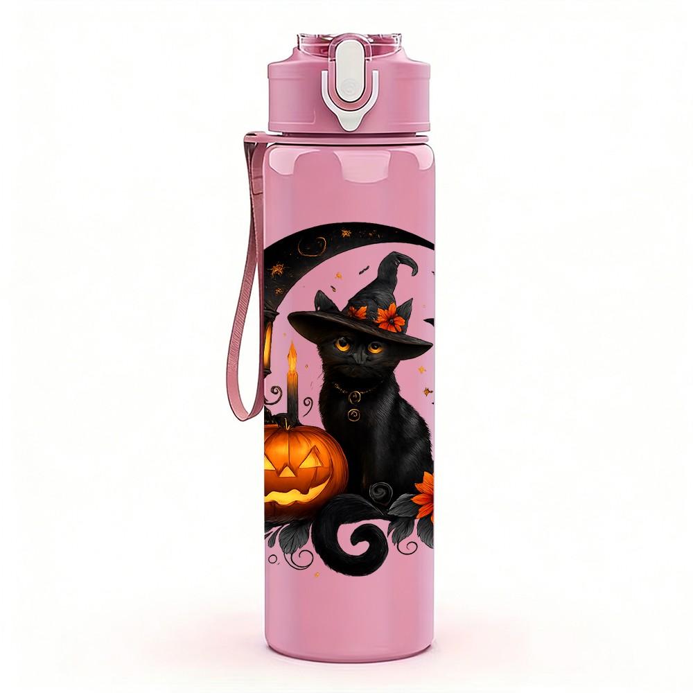 1PC Moon Black Cat Pumpkin Halloween 750ml Color Plastic Sports Water Bottle Leakproof Flip Straw Lid Suitable for Sports Office Home Use