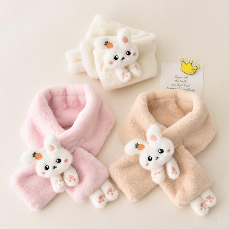 Girls Winter Warm Thicken Scarfs Cartoon Bunny Shape Faux Fur Plush Cross Collar Scarf Shawl Lovely Warm Soft Scarf