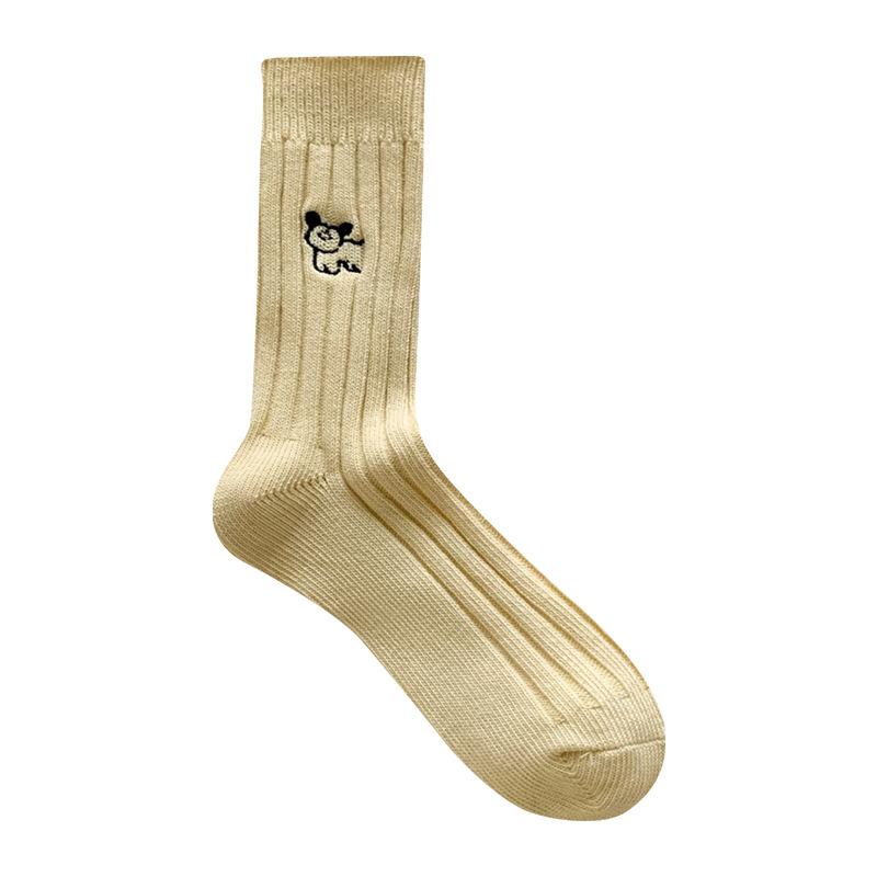 5 Pairs of Female Spring and Autumn Embroidery Puppy Vertical Stripes In Tube Pile Socks
