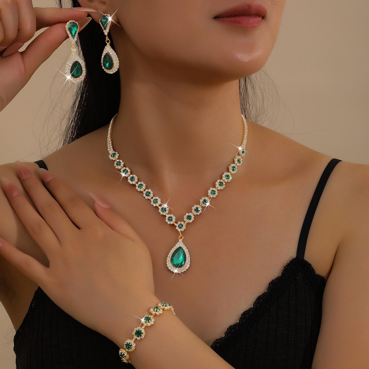 Горячая Распродажа Набор Ювелирных Изделий Капля Воды Зеленый Кристалл Ожерелье Серьги Браслет