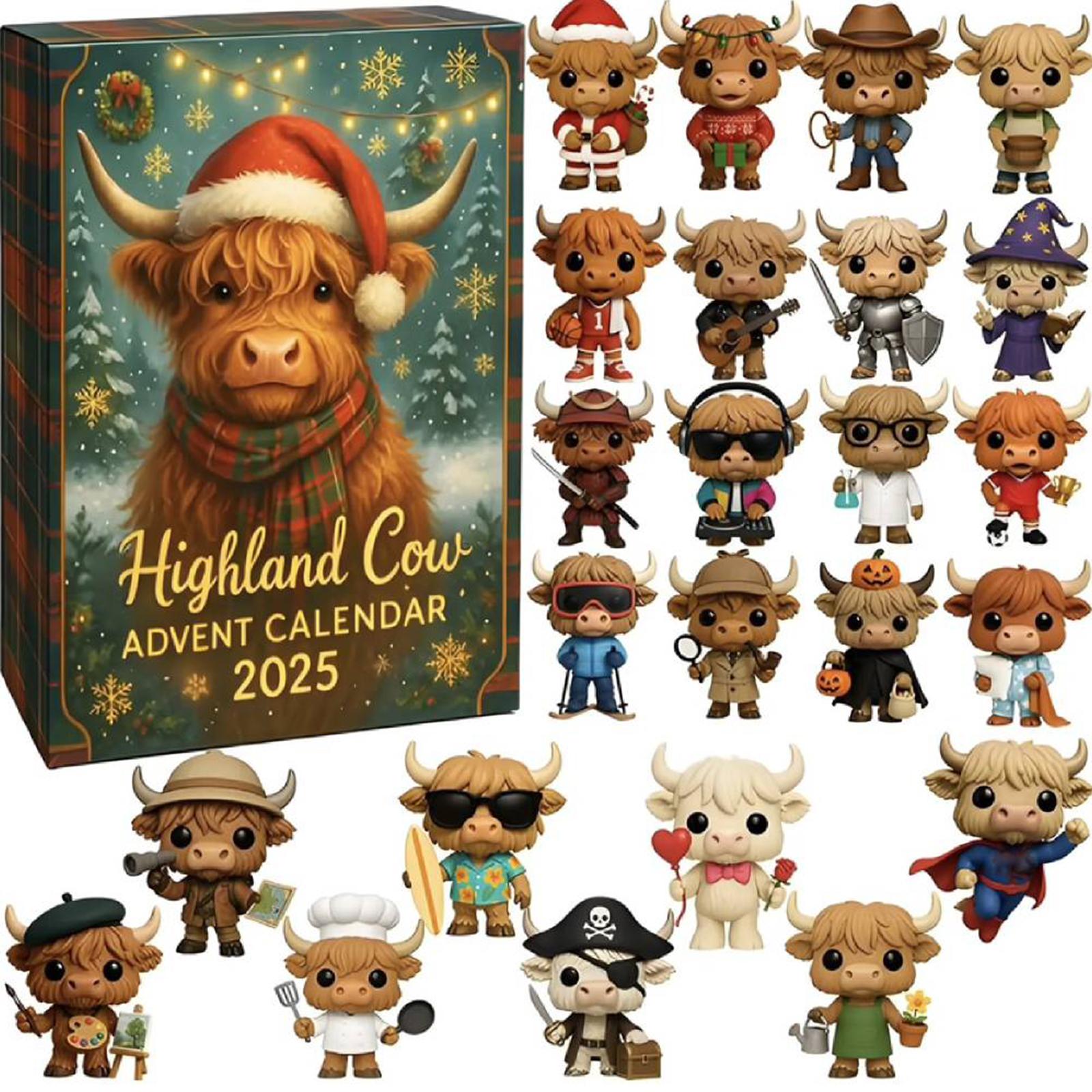 

Highland Cow Advent Calendar 2025 with 24 Highland Cow Figurines Advent Countdown Calendar Christmas Gifts 28x18x3cm