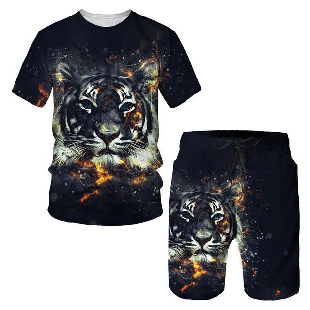 Tricou/costumul cu imprimeu 3D The Tiger, cu mâneci scurte, cu gâtul O, pantaloni de plajă pentru bărbați, set de 2 bucăți, îmbrăcăminte sport pentru cuplu, pantaloni scurți de înot