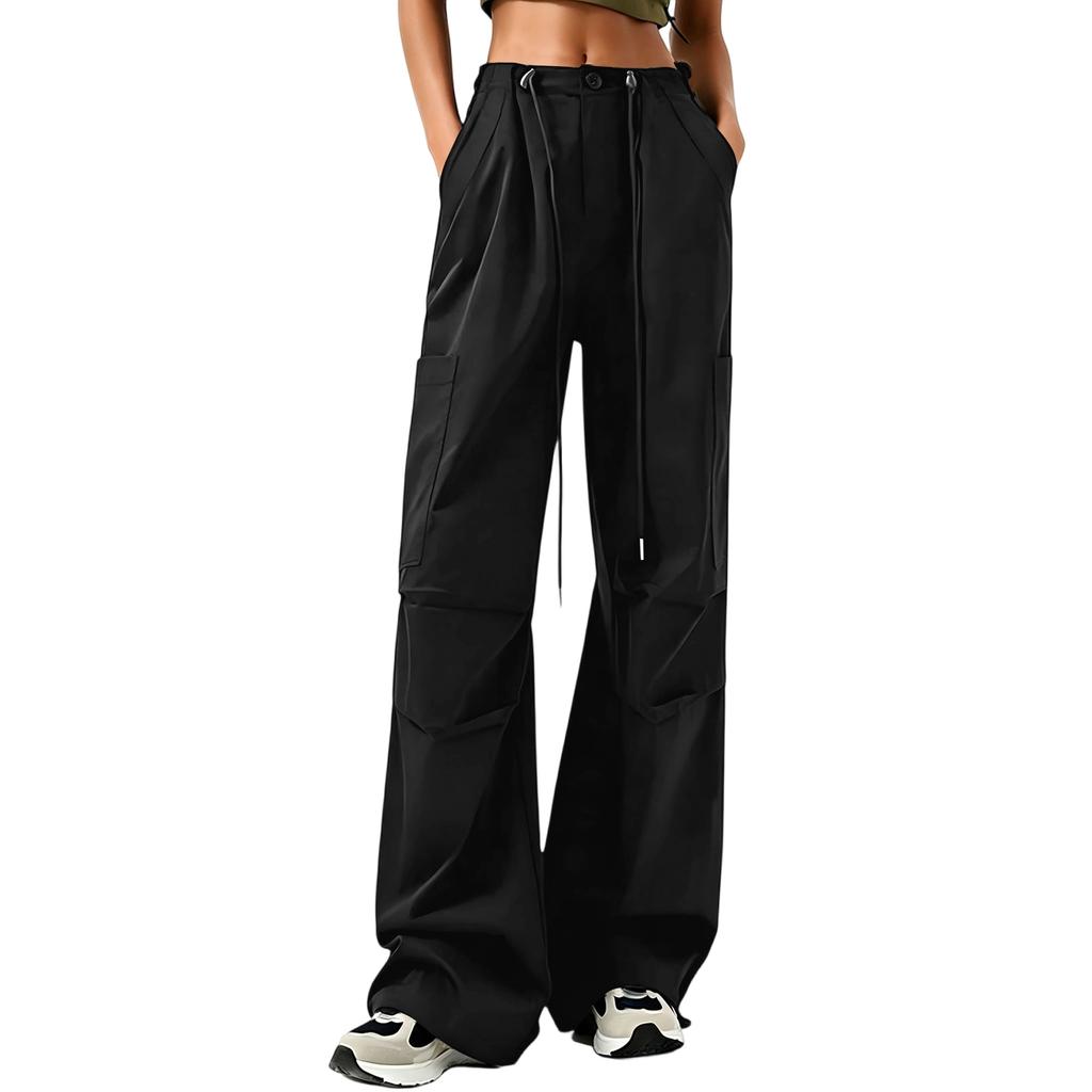 Women's High Waist Wide Leg Cargo Pants Loose Fit Casual Trousers with Pockets Adjustable Waistband and Button Closure