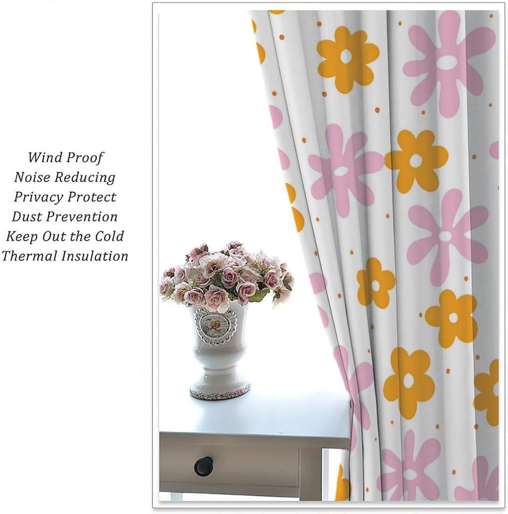 Pink Orange Flower Curtains Girls Bedroom Retro Hippie Groovy Daisy Floral Print Window Treatments Kids Curtain Polyester Ideal For