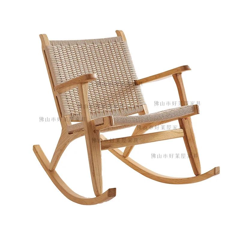 Simple Solid Wood Rattan Rocking Chair - Leisure Balcony Furniture with Pure Manual Rope
