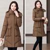 Winter Women Medium To Long Cotton Jacket Thickened Warm Casual Stand Collar Hooded Parker Coat Solid Color Warm Cotton Jacket