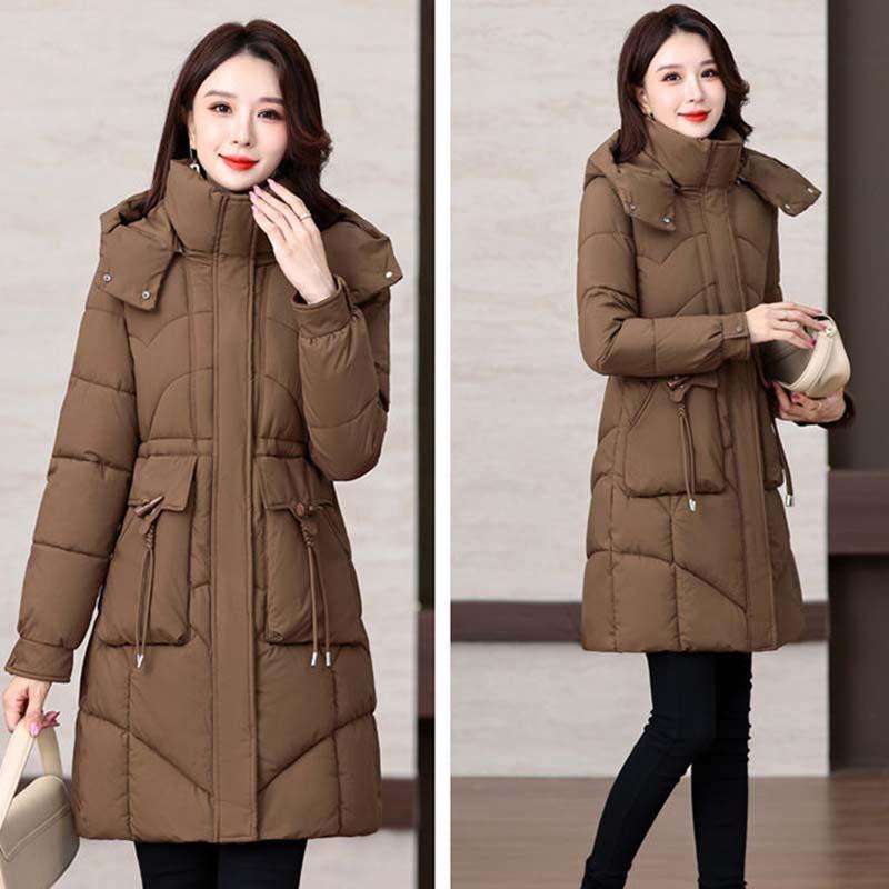 Winter Women Medium To Long Cotton Jacket Thickened Warm Casual Stand Collar Hooded Parker Coat Solid Color Warm Cotton Jacket