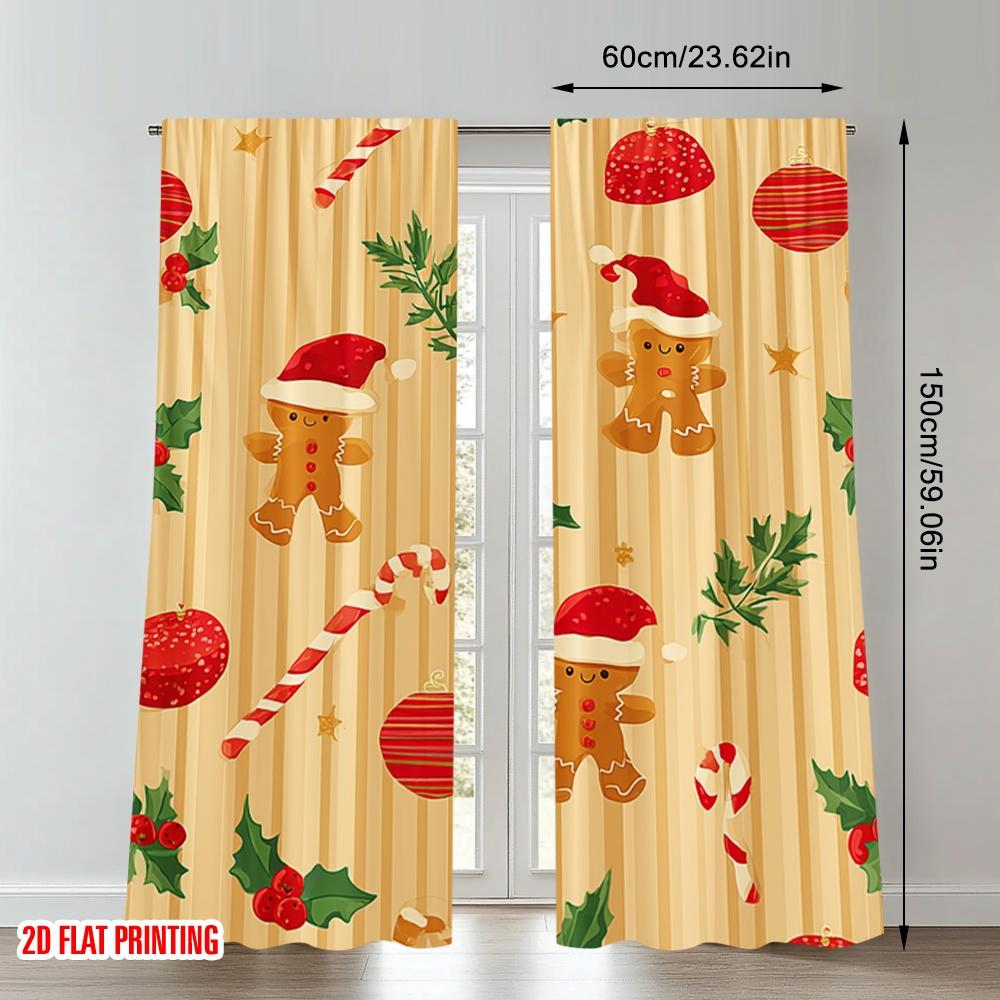 2 Stück 2D Flachdruck Weihnachten Heiße Vorhänge Weihnachten Stechpalme Süßigkeitenkugel Digital Bedruckte Polyester Vorhänge Familienfeier Dekoration