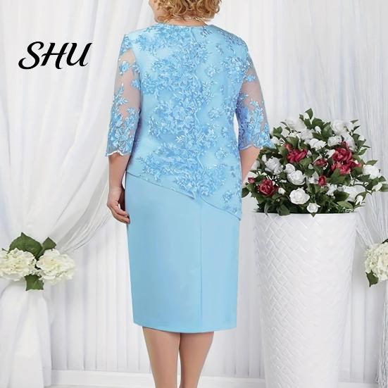 Abito con Maniche a Metà Donna Taglie Forti Ballo Scollo Tondo Manica a Metà Ricamo Pizzo Scollo Rotondo Patchwork Floreale Finto Due Pezzi Festa di Matrimonio Grande