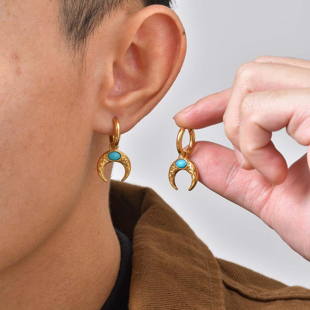 Vnox Vintage Stainless Steel Moon Earrings for Women Men, Unisex Dangle Charm Earrings with Natural Turquoise Stone Ear Jewelry