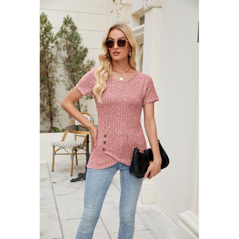 2026 Summer Women's Solid Color Round Neck T-Shirt Fashionable Buttoned Pleated Short Sleeve Top