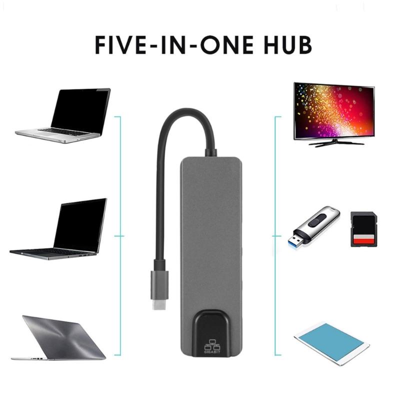Portable 5/8 In 1 Type C Adapter with 4K USB HDMI2.0 Output and Gigabit Ethernet for Laptops and Gaming Consoles
