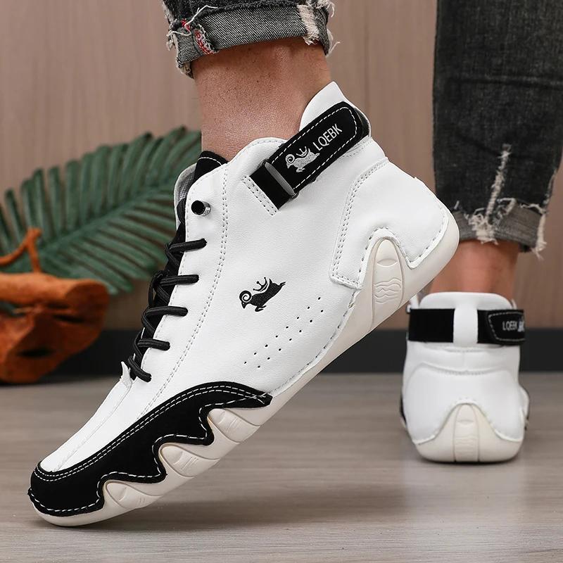 Men's White High Top Shoes New Luxury Waterproof Flat Shoes Lightweight  Comfortable Motorcycle Boots Sapatos Formais Masculinos