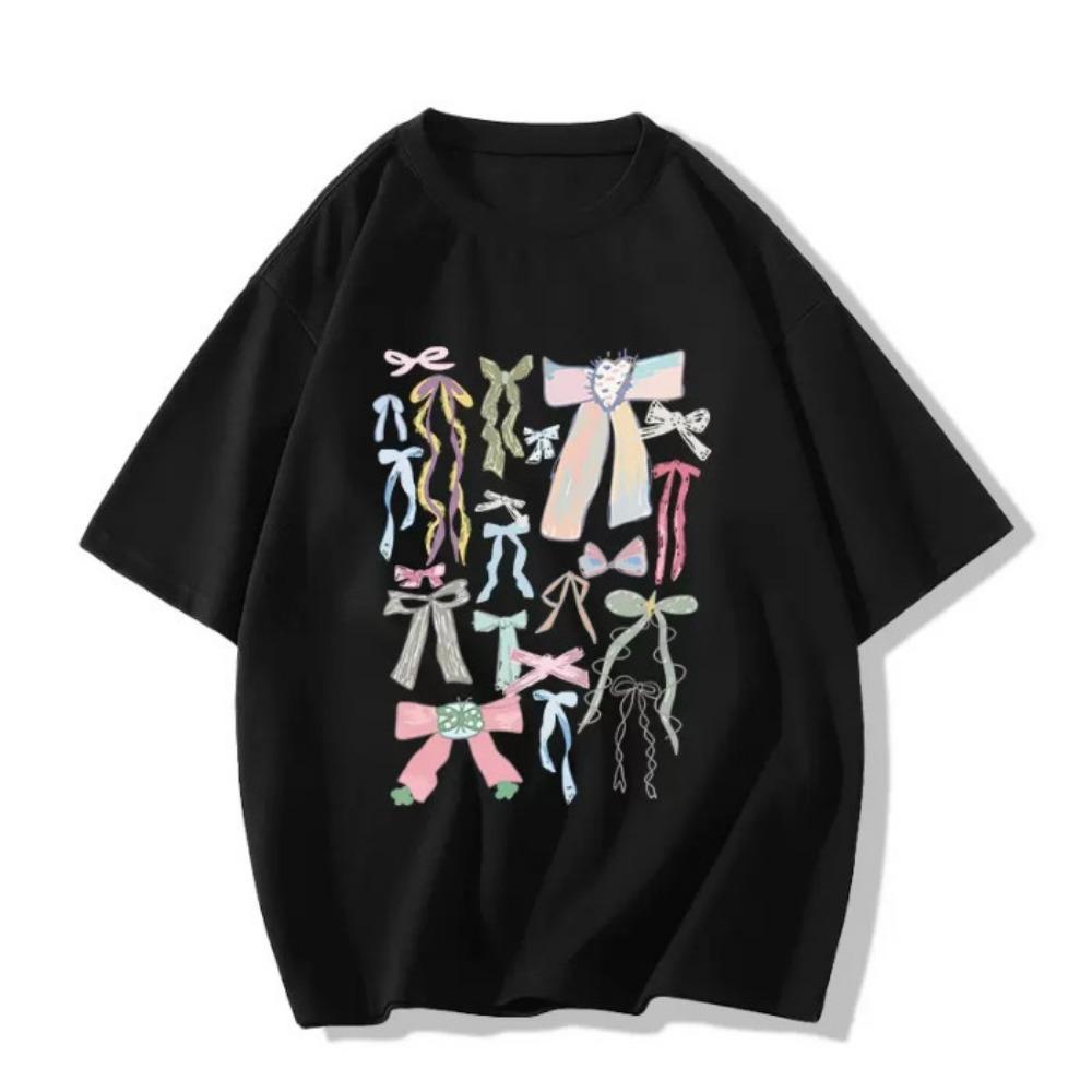 

Women s Cute Bow Print T-Shirt Aesthetic Colorful Graffiti Short Sleeve Tee Casual Summer Top M