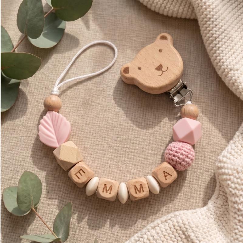 Handmade Personalized Baby Pacifier Clip Custom Name Silicone Teething Beads Holder Beech Wood Soother Chain for Infant Toddler