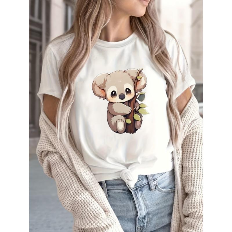 European sizes Cartoon Koala Print T-Shirt, Casual Crew Neck Short Sleeve Top for Spring & Summer, Women's Clothing