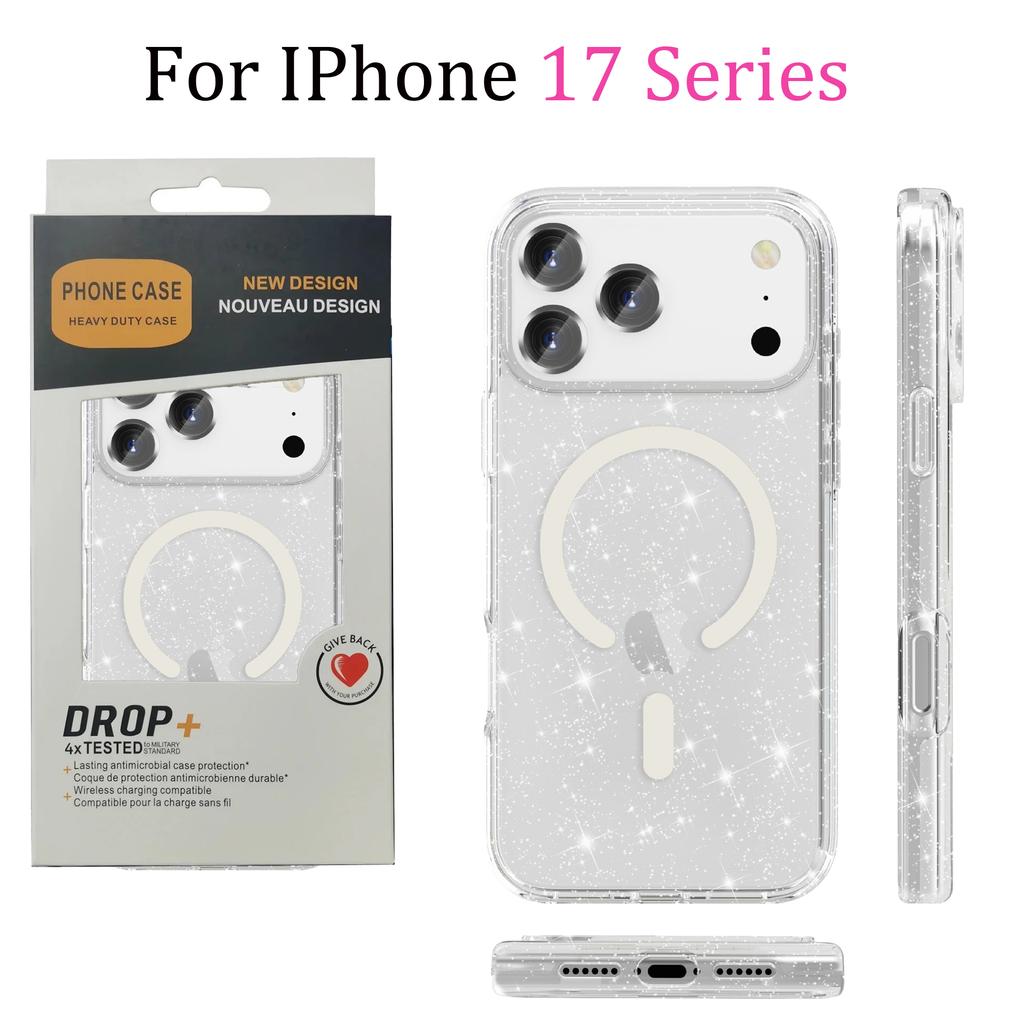 Minimalist Solid Color Glitter Transparent Armor for Magsafe Case for IPhone 17 Pro Max Air 16 15 14 13 Wireless Charging Ott Box Shockproof Cover