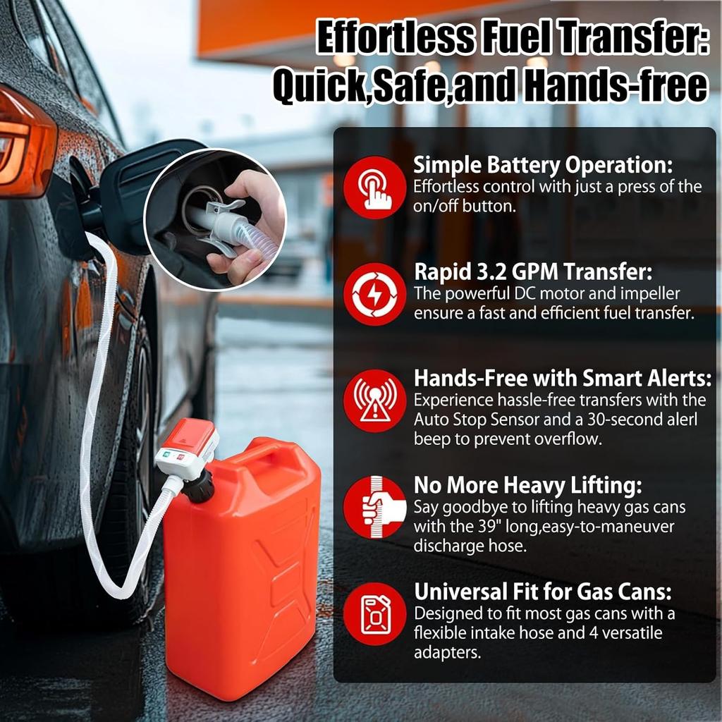 Automatic Fuel Transfer Pump With Auto-Stop, 3.2 GPM Fuel Transfer Pump Battery Powered, 51'' Extra Long Hose, 4 Can Adapters, Portable Fuel Pump