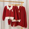 Korean Style Red Parent-Child Sweater: Women's Cardigan & Men's Round Neck Pullover