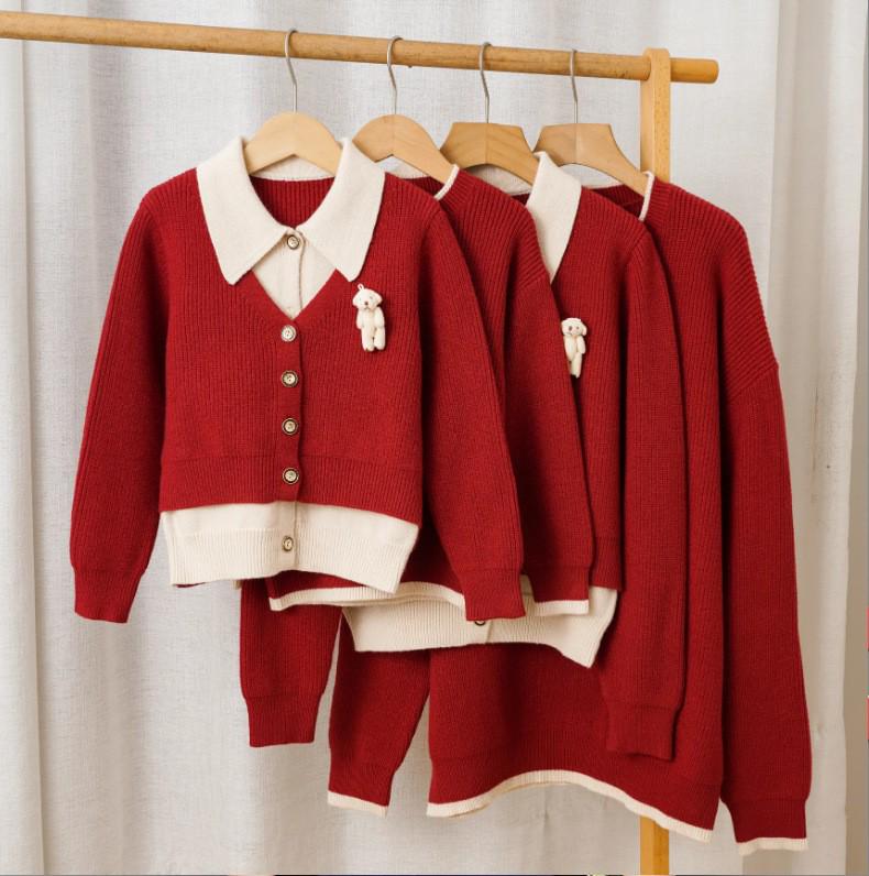 Korean Style Red Parent-Child Sweater: Women's Cardigan & Men's Round Neck Pullover