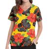Women V Neck Medical Scrub Top Hawaiian Print Short Sleeve Side Slit Nursing Uniform Shirt with Front Pocket Comfortable Fit