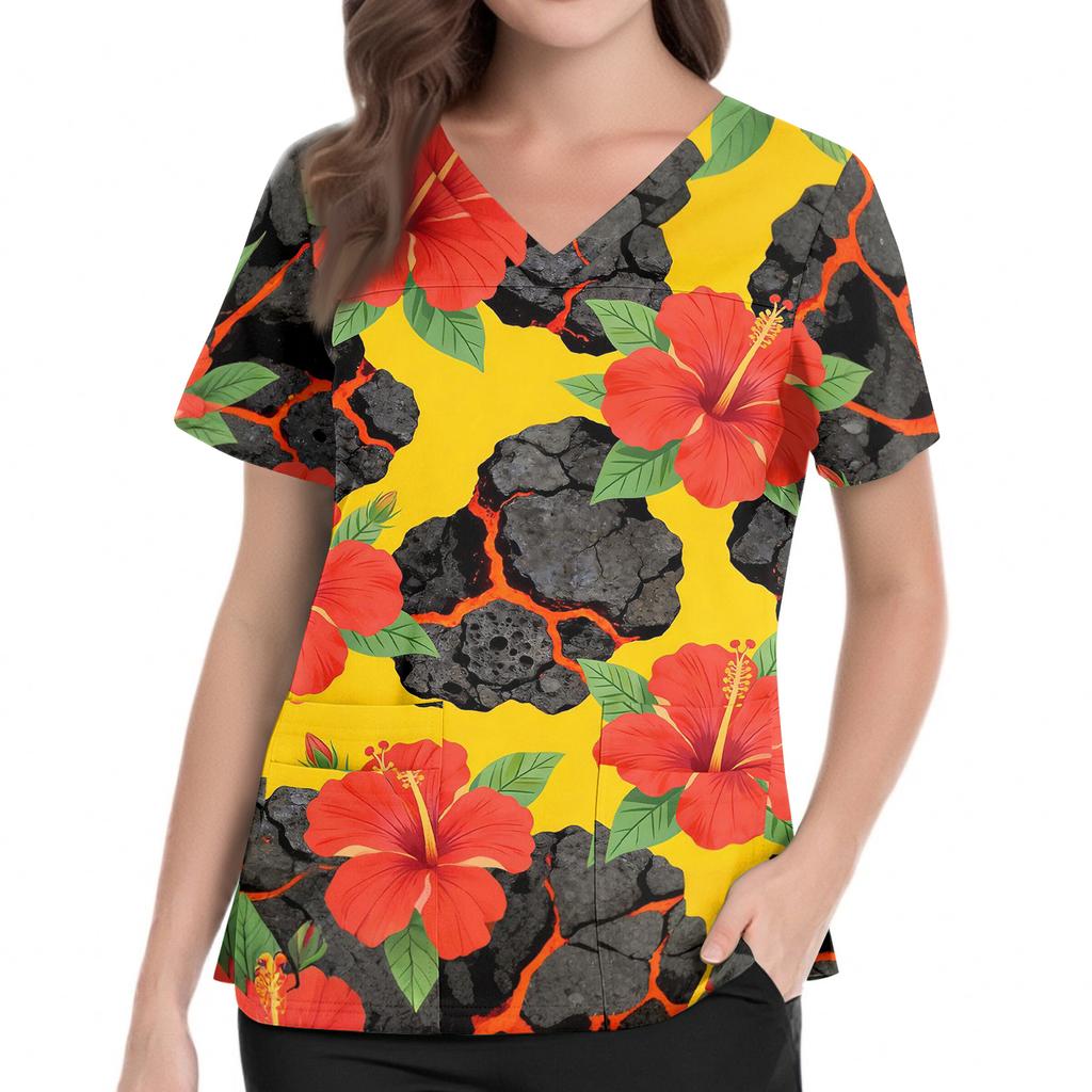 Women V Neck Medical Scrub Top Hawaiian Print Short Sleeve Side Slit Nursing Uniform Shirt with Front Pocket Comfortable Fit