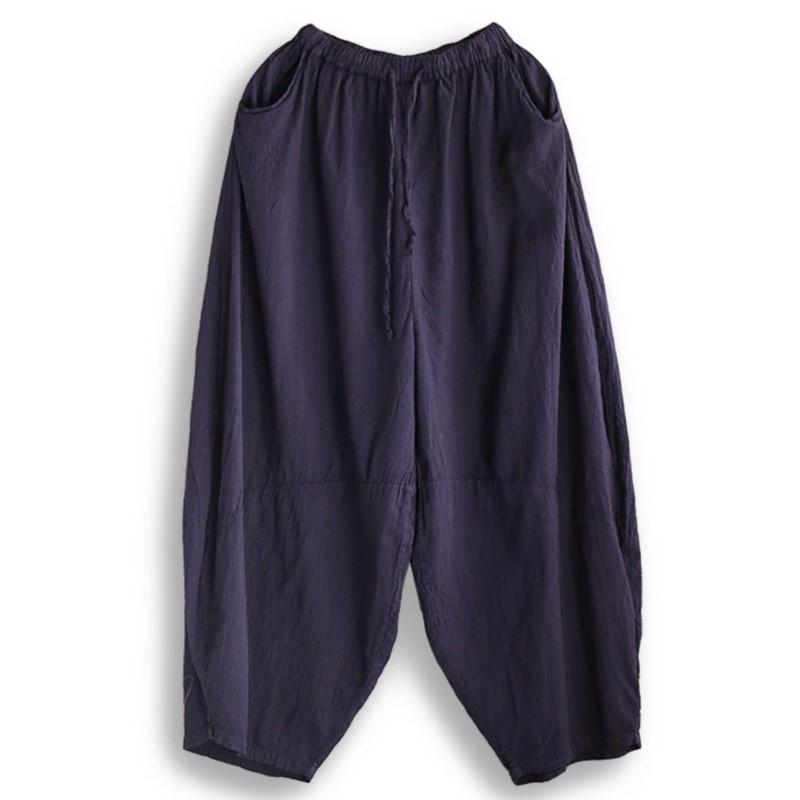 Johnature Women Vintage Bloomers Pants Elastic Waist Blet Solid Color Spring Loose Women Casual Pants