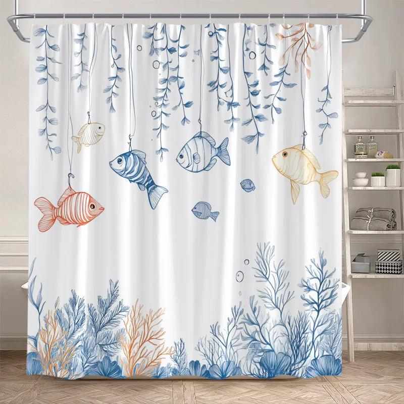 Ocean Fish Shower Curtains Watercolour Coral Sea Animals Kids Bath Curtain Polyester Cloth Modern Home Bathroom Decor with Hooks
