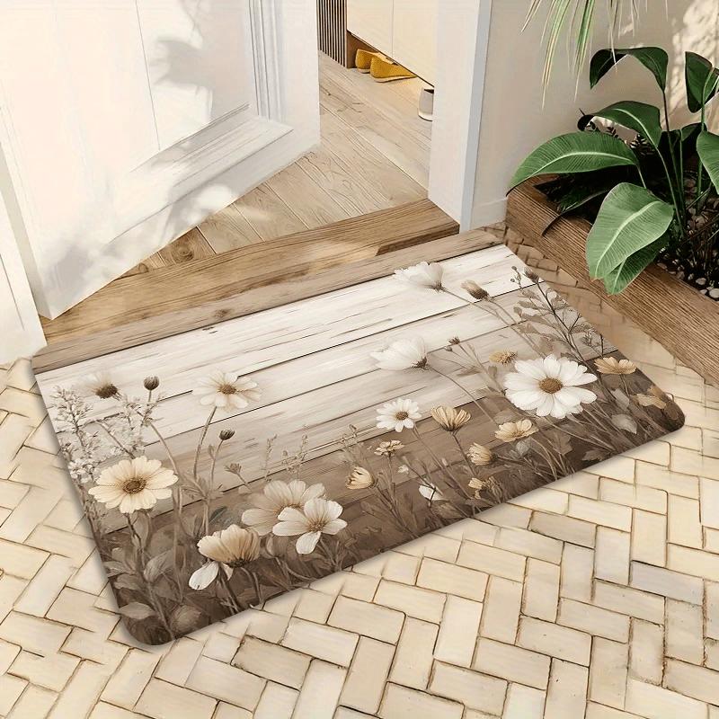 1pc 2D Flat White Daisy Flowers Wood Plank Rustic Flannel Door Mat Non Slip Farmhouse Rug For Entryway Kitchen Floor Decor