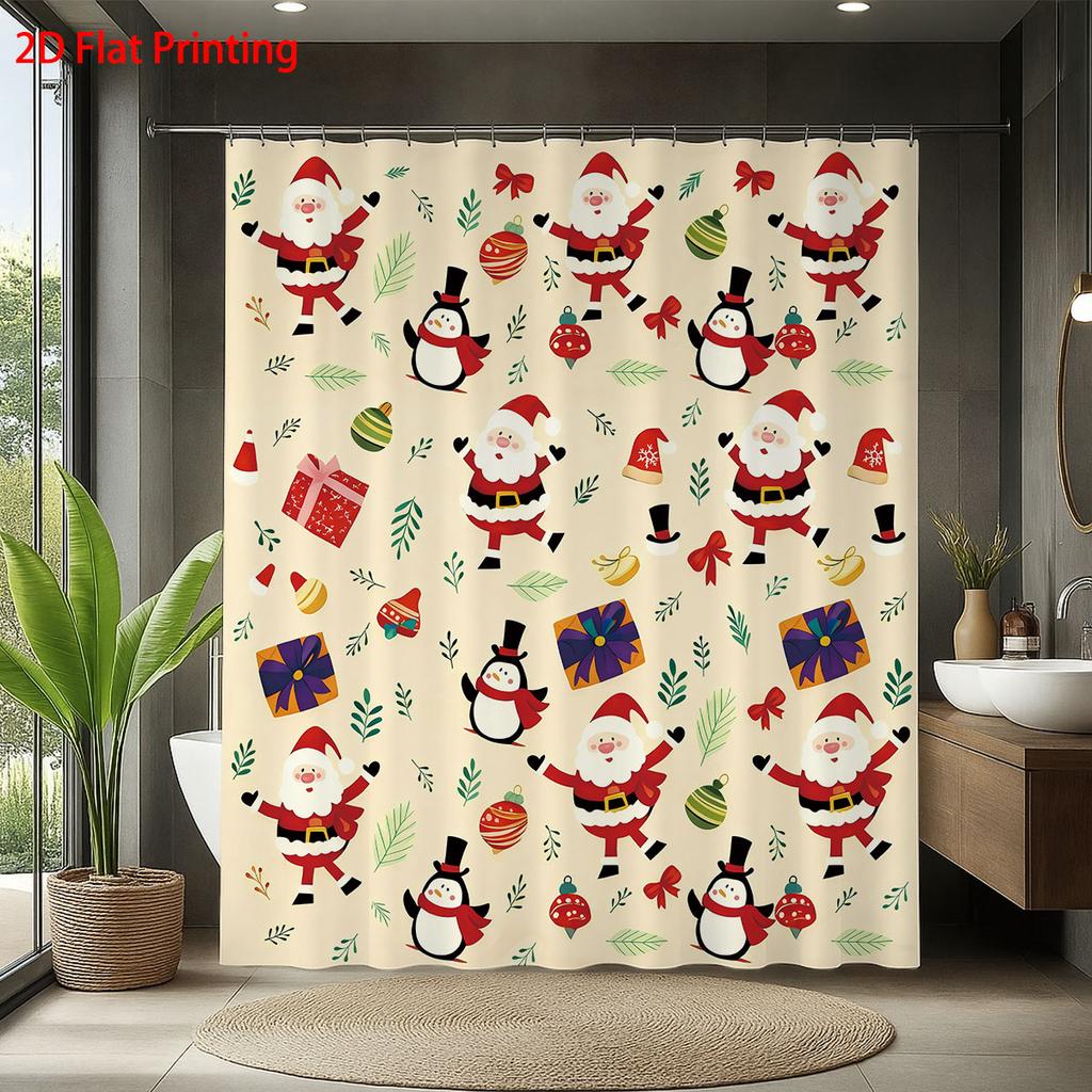 1Pc Santa Claus Printed Waterproof Shower Curtain, Bathroom Partition Privacy, Multiple Sizes, 12 Hooks, Easy To Install