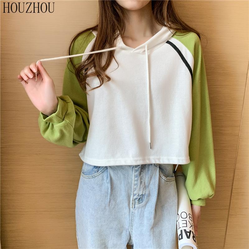 

HOUZHOU Crop Худи Женщины с длинным рукавом Корейская лоскутная толстовка Sweet Loose Chic