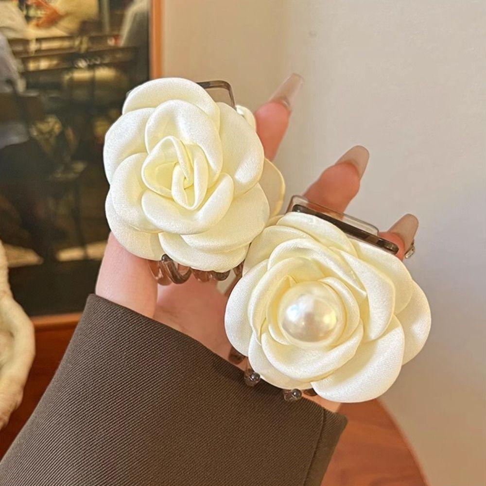 Small Fabric Floral Hair Clip Elegant Pearls Flower Hair Claw Camellia Hair Clip  Back Head Wear