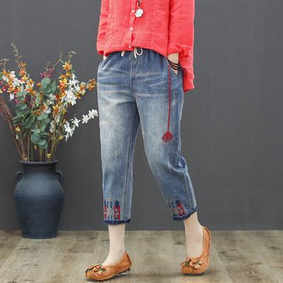 Moda Autunno Signore Strappato Jeans Larghi Donne Casual Ricamo Denim Pantaloni Vintage Femminile Elastico Harem Pantaloni