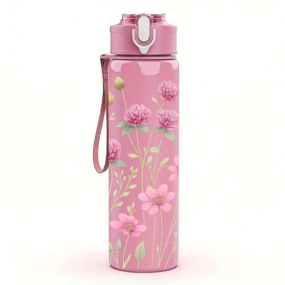 1PC Pink Small Daisy Flower Bouquet Print 750ml Color Plastic Sports Water Bottle Leakproof Flip Straw Lid Suitable for Sports Office Home Use