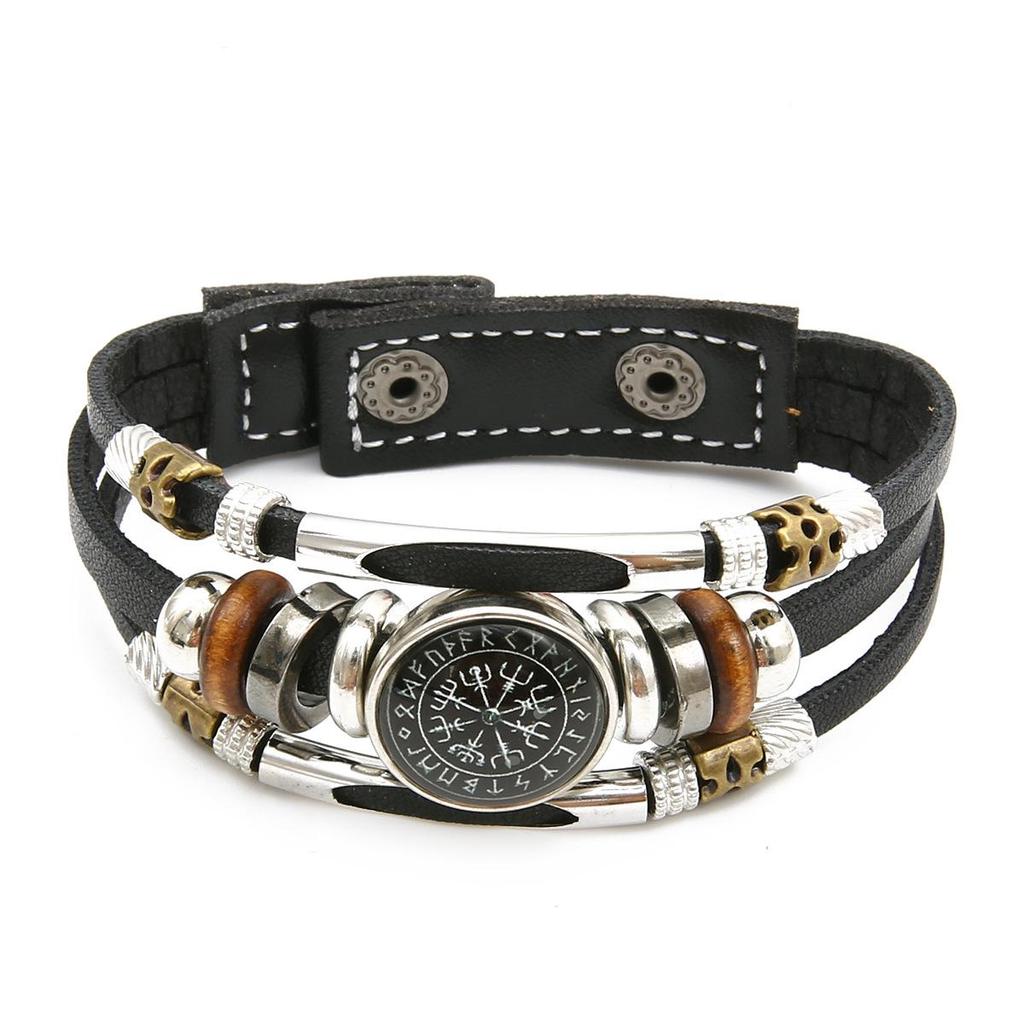 Viking Compass Multilayer Leather and Beaded Bracelet