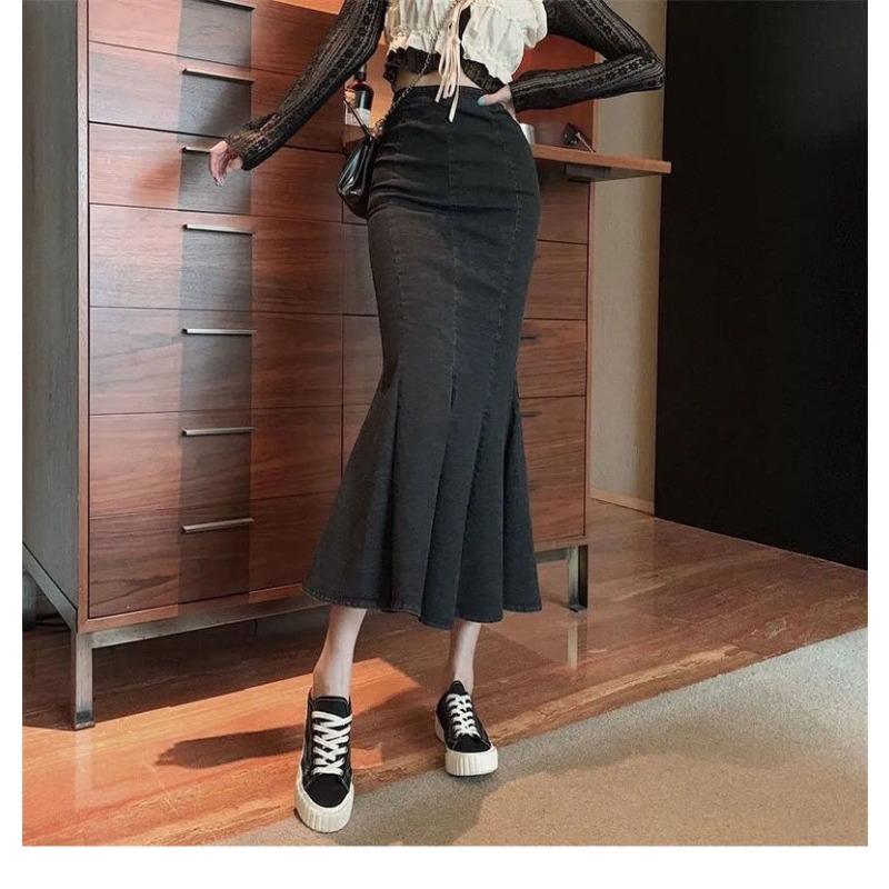 Women's High Waist Denim Mermaid Skirt Slit Flared Hem Mid-Length Casual Bottoms