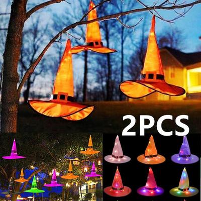 2 Stück Halloween-Dekoration im Freien zum Aufhängen, beleuchtet, leuchtende Hexenhut-Lichter, batteriebetrieben, für Outdoor-Hof-Baumdekorationen für Cosplay-Requisiten