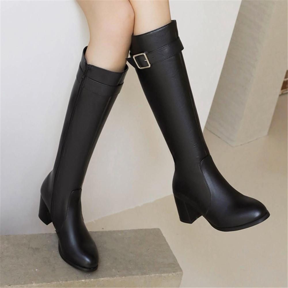 Módní dámské kozačky nad koleno Podzimní zimní boty Černé bílé střední podpatky S přezkou Dlouhé kotníkové boty Kozačky nad stehno Dámské boty Velikost 33-43