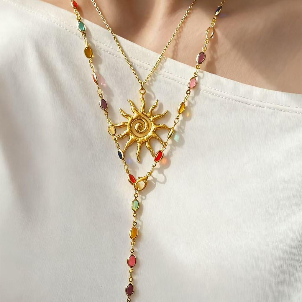 Sun Pendant Necklace With Tassel And Star Shape For Women Elegant Style