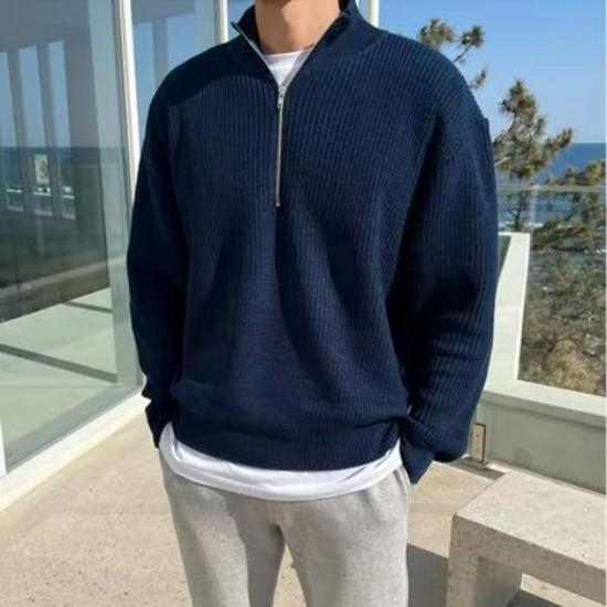 Men's Retro Loose-Fit Half-High Collar Zipper Knit Sweater with Drop Shoulders and Long Sleeves