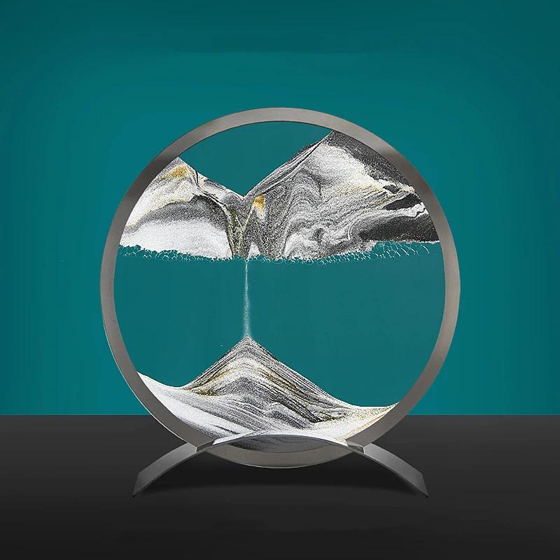 Sandscape Moving Sand Art Picture Round Glass Quicksand Hourglass Metal Base 3D Deep Sea Flowing Sand Painting Home Decor Gifts