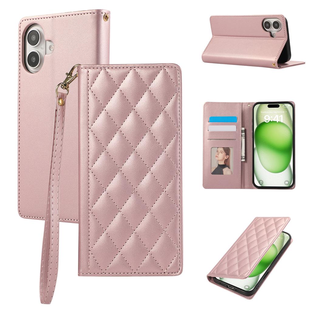 For iPhone 16 Case RFID Blocking Wallet Stand Rhombus Leather Phone Cover with Wrist Strap