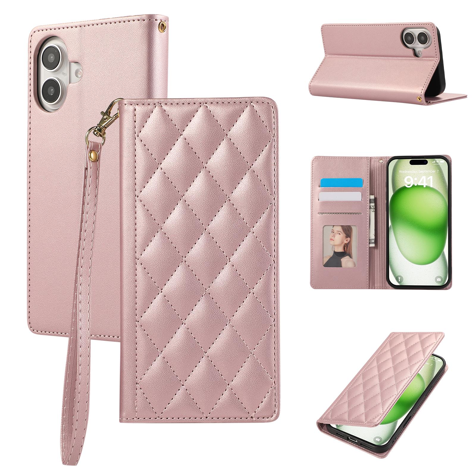 

For iPhone 16 Case RFID Blocking Wallet Stand Rhombus Leather Phone Cover with Wrist Strap Rose Gold