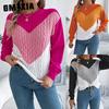 Autumn and Winter Casual Color-block Twisted Lantern Sleeve Pullover Sweater for Women