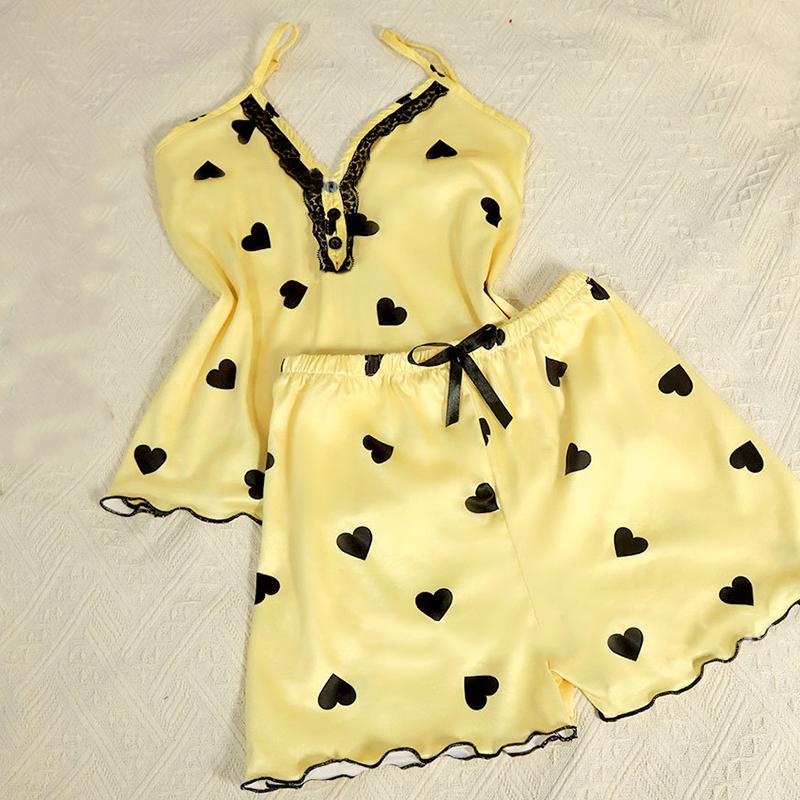 

Летний Сексуальный Повседневный Домашний Комплект Майка и Шорты с Принтом Love для Женщин L жёлтый