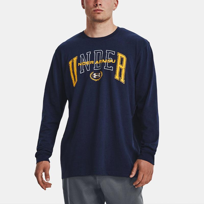 Under Armour Letter Print Crew Neck Long Sleeve T-Shirt Men Tops Navy-Blue 1379576-410
