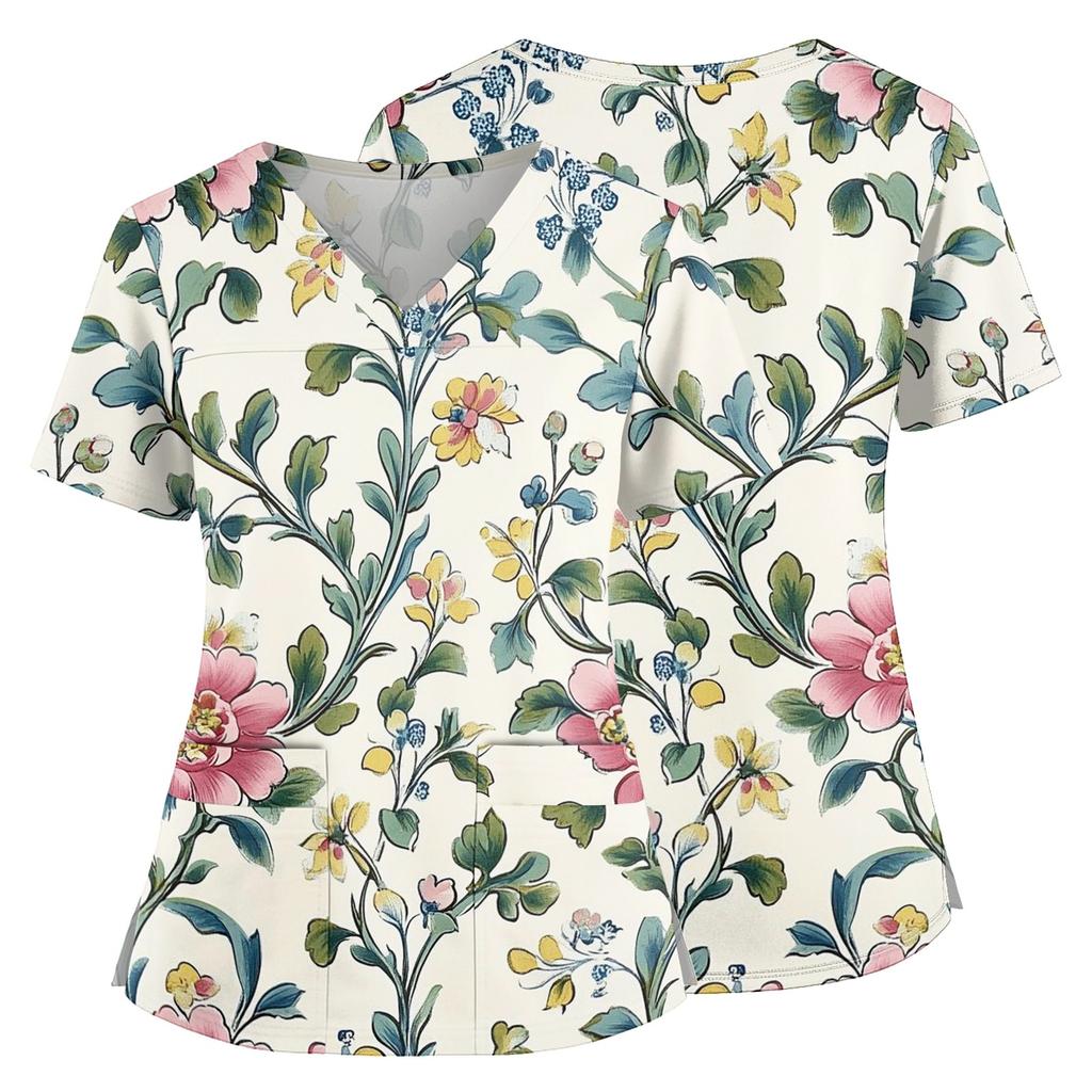 Medizinisches Kasack-Oberteil mit Blumendruck, V-Ausschnitt, Taschen und Seitenschlitzen, Kurzarm, Krankenschwester-Uniformhemd für Damen
