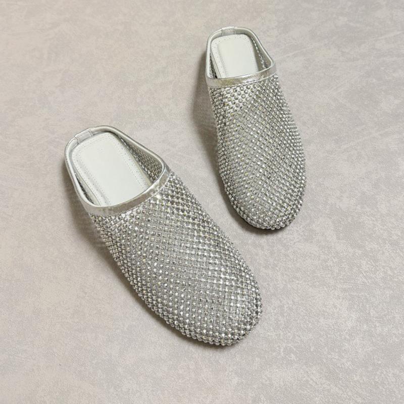 Mode Personalisierte Neue Sommer Diamant Runde Spitze Baotou Halbschuhe Für Frauen Zum Hineinschlüpfen Flache Schuhe Mit Absatz Muller Freizeitschuhe Damen